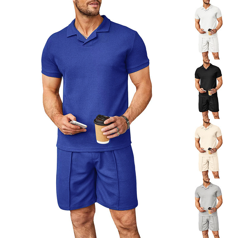 Men's summer new waffle V-neck polo shirt with flip collar short sleeved T-shirt men's set_voghion.com