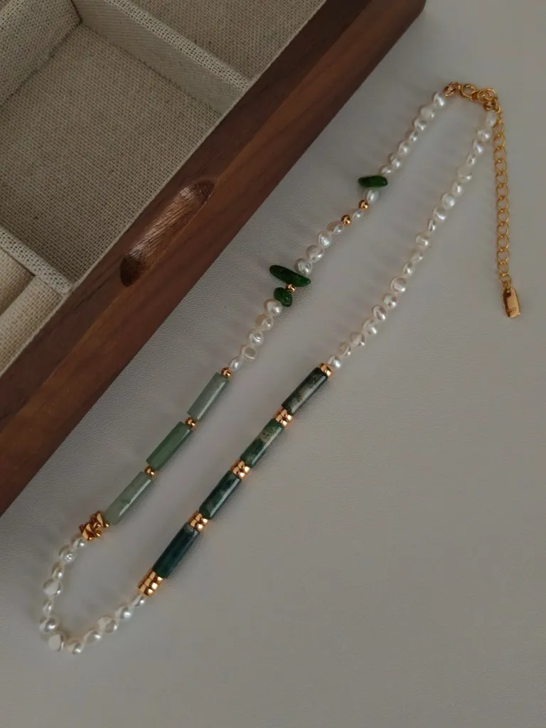 Layered Natural Pearl Agate Necklace Silver Plated Gold Finish_voghion.com