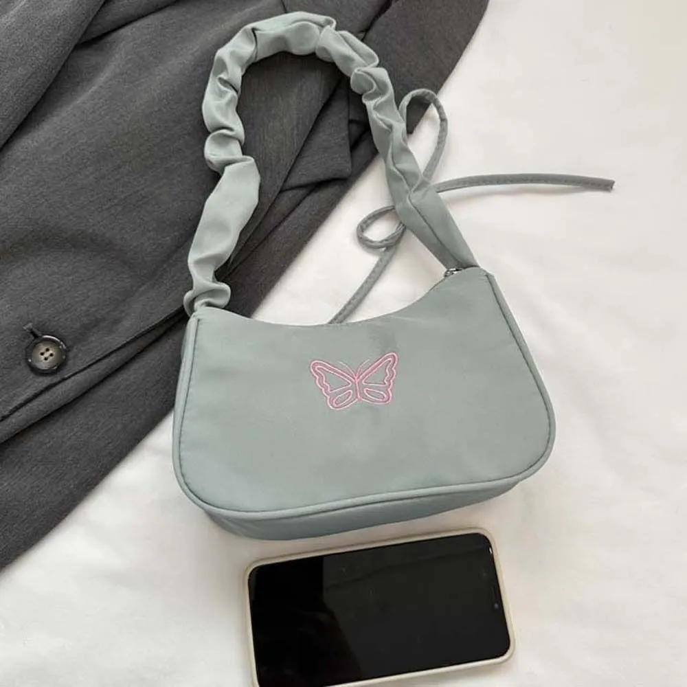 Borsa a tracolla con fiocco ricamato e farfalla Y2k Oxford in nylon con fiocco, grande capacità, stile coreano_voghion.com