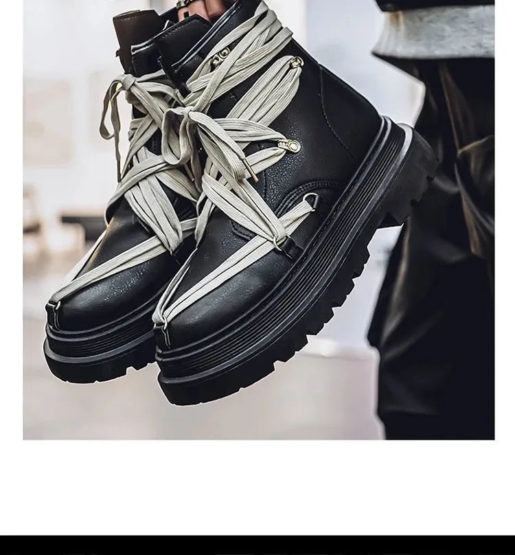 Bottines courtes en cuir à plateforme pour homme, chaussures de moto noires à la mode, style streetwear, 250114_voghion.com