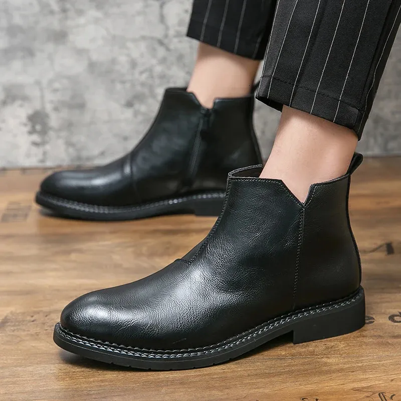 For Fashion Casual British Style Short Boot Side Zipper High-Top Shoes Men Man Classic Retro Leather Ankle Boots 240620_voghion.com