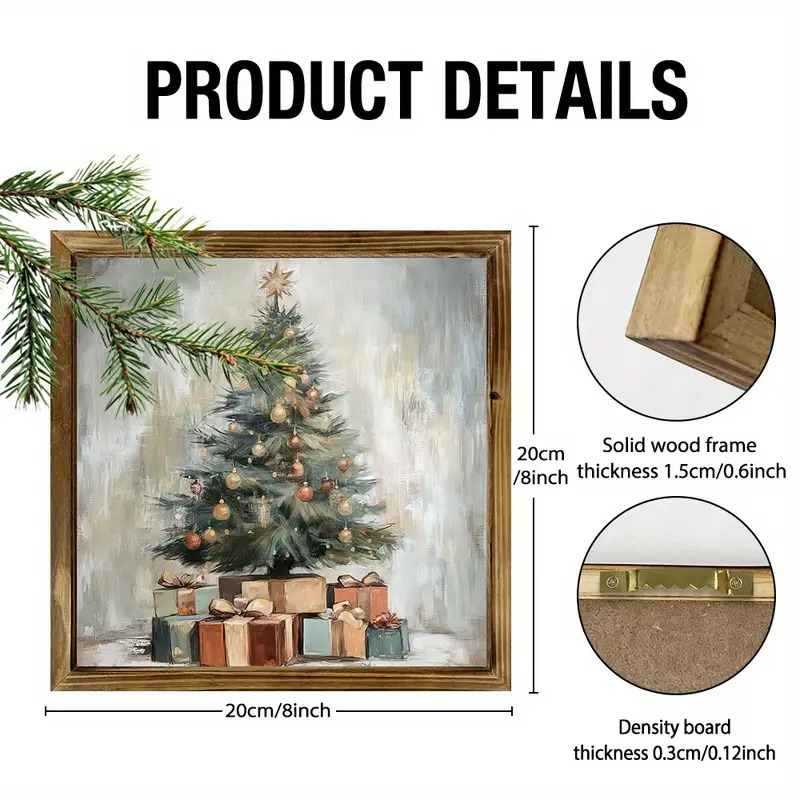 Semn rustic din lemn cu model de brad de Crăciun de 20x20 cm - Artă murală vintage cu design rustic pentru casă/birou, ușoară și lustruită, cadou de decor pentru birou de sărbători_voghion.com