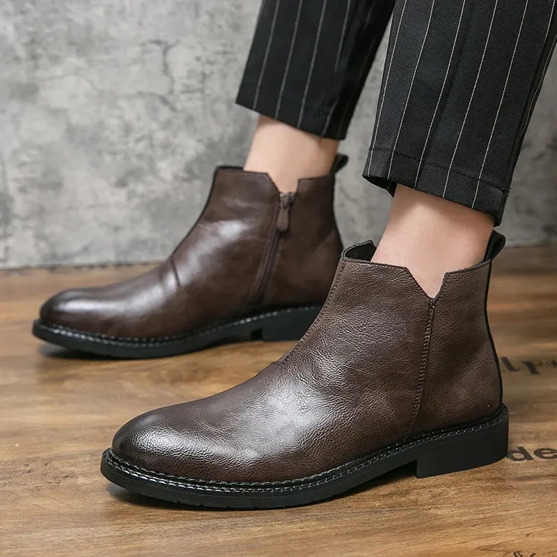 For Fashion Casual British Style Short Boot Side Zipper High-Top Shoes Men Man Classic Retro Leather Ankle Boots 240620_voghion.com