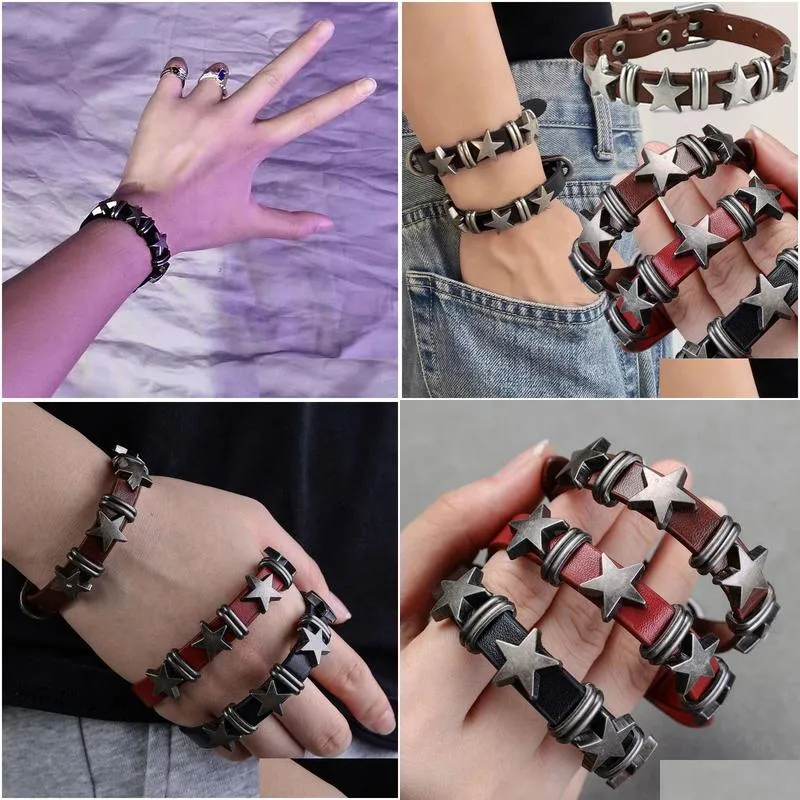 Vintage Star Leather Bracelet For Men Punk Rock Gothic Cuff Bangle_voghion.com