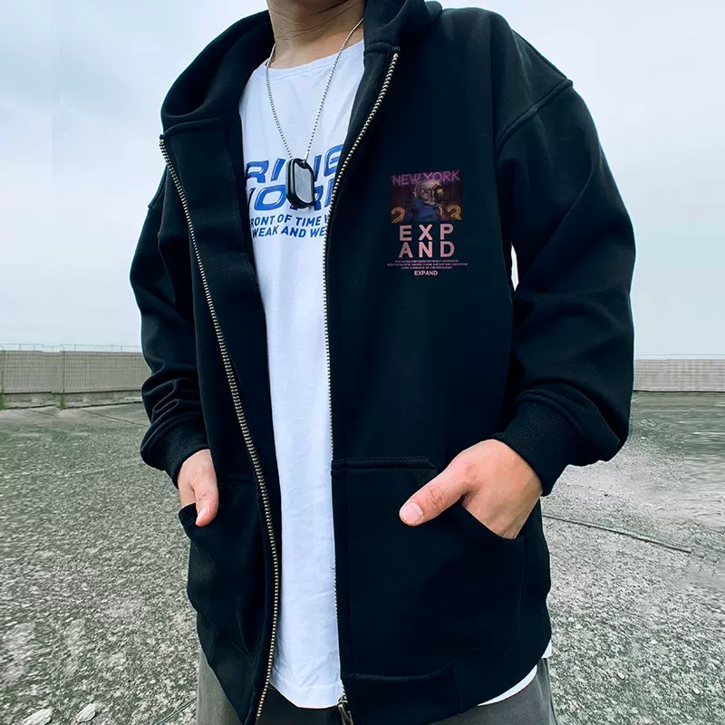 Americký oversized kardigan, mikina s kapucí, Instagram, trendy pánské oblečení s oversized kapucí, podzimní a zimní šedá_voghion.com
