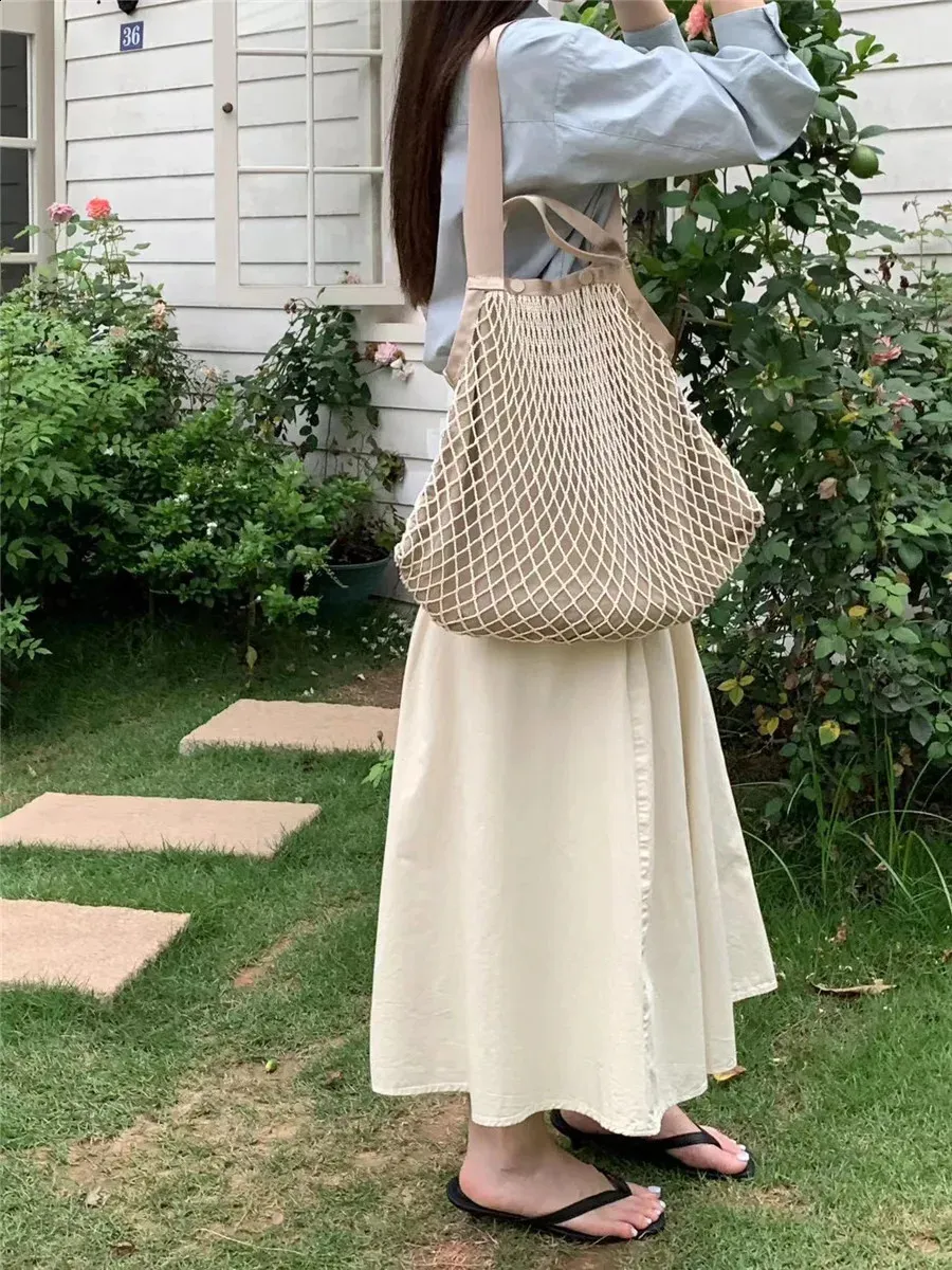 Borsa a rete intrecciata alla moda per donna, borsa a tracolla casual da donna, grande capacità, grande tote bolsa 240823_voghion.com