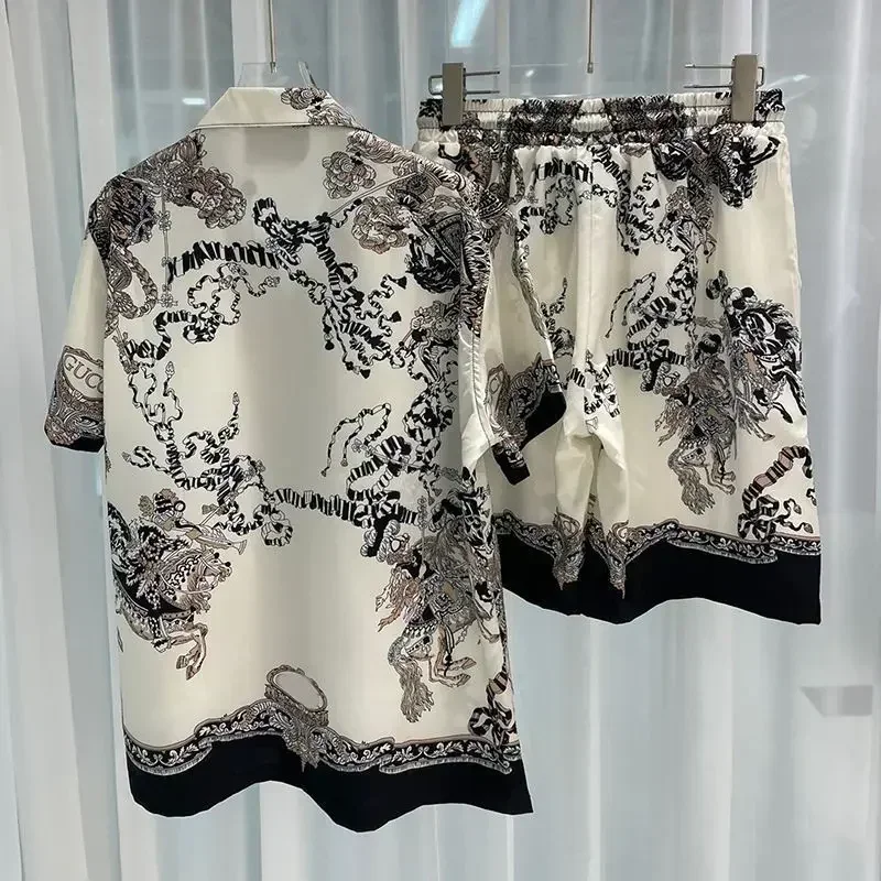 2024 Summer Popular Digital Printing Men’s Beach New Short Sleeve Loose Shirt Casual Lace Up Shorts Two-Piece Set