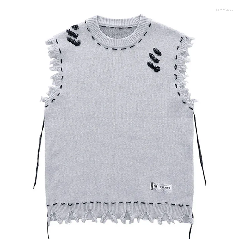 Gilets pour hommes, pull en tricot vieilli, style streetwear vintage, style Harajuku, avec trous, franges, sans manches, surdimensionné, décontracté, unisexe_voghion.com