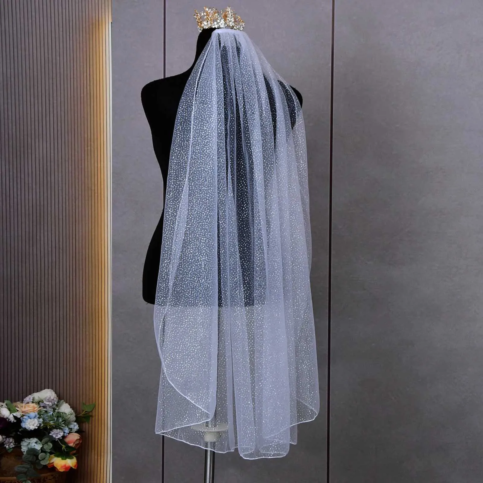 Bruidssluier champagne kort 1-laags tule bruiloft accessoire_voghion.com