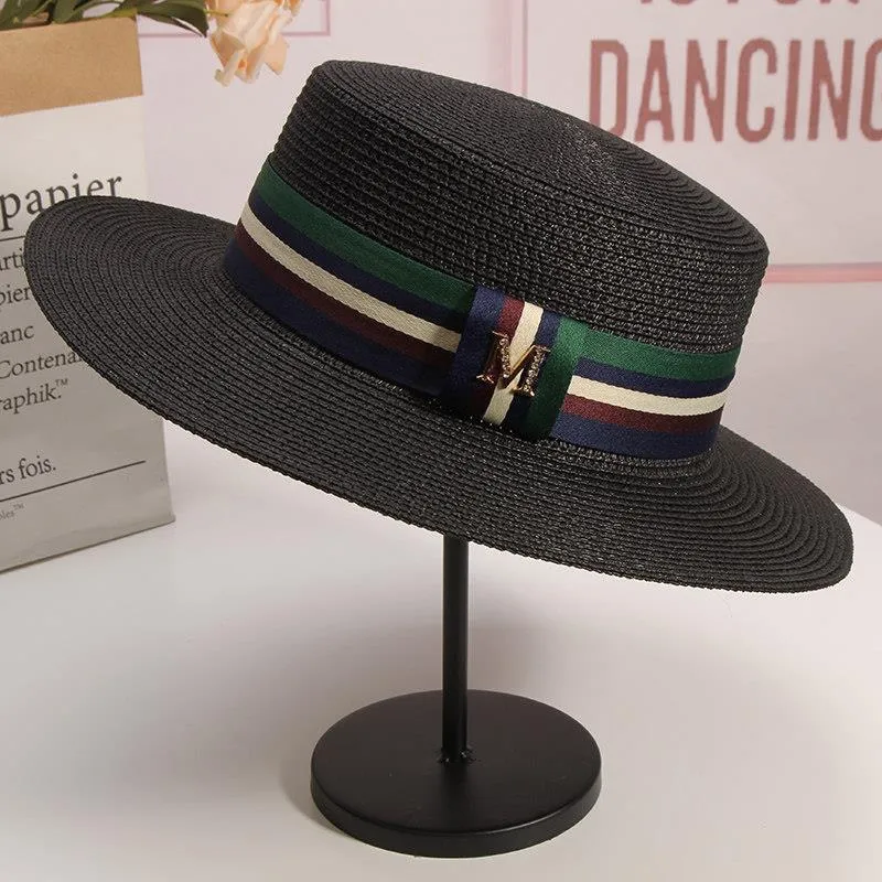 Chapeau de soleil en paille pour femme avec lettre m - Chapeau de soleil plat - Style britannique vintage - Pour la plage, les voyages, les vacances_voghion.com