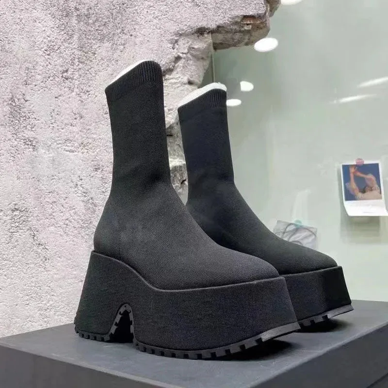 Sock Woman Hided Female Casual Shoes Autumn Wedge Lady Knitting Short Ankle Boots Platform 11 CM 240826_voghion.com