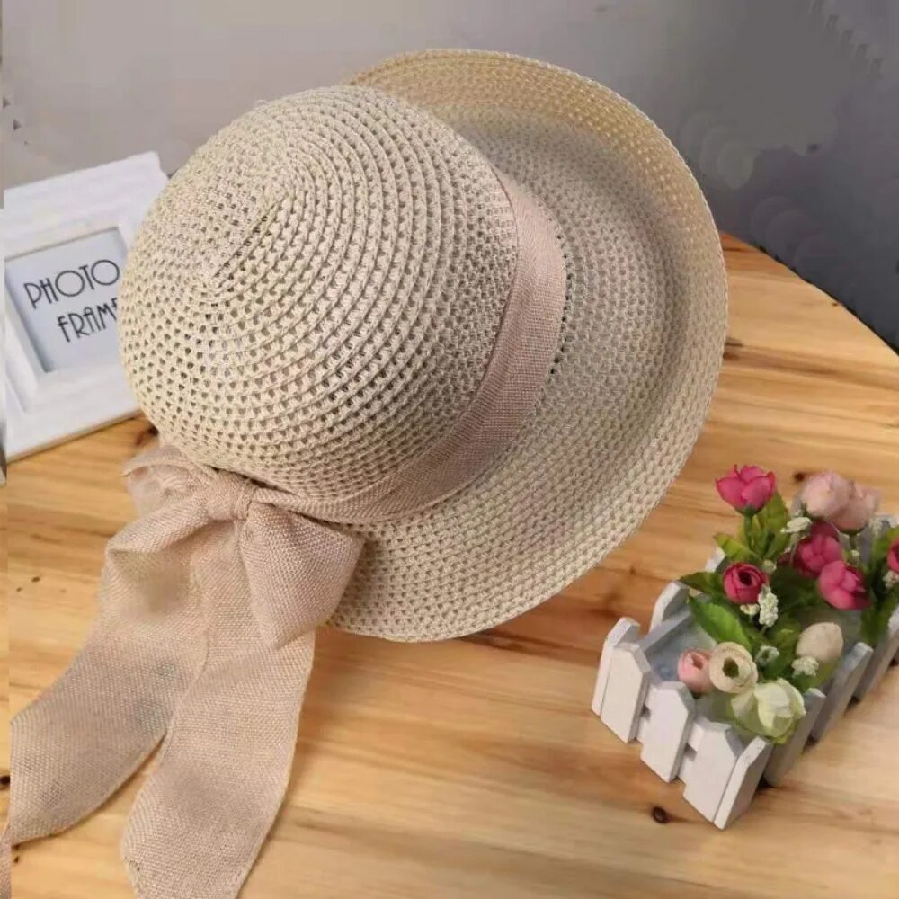 Pălărie de soare pliabilă cu panglică, model vară, pentru femei, pliabilă, cu protecție UV, paie, moda nou-născutului_voghion.com