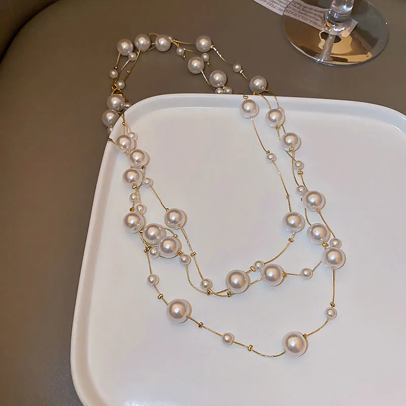 Collana lunga di perle elegante per donna catena stile coreano_voghion.com