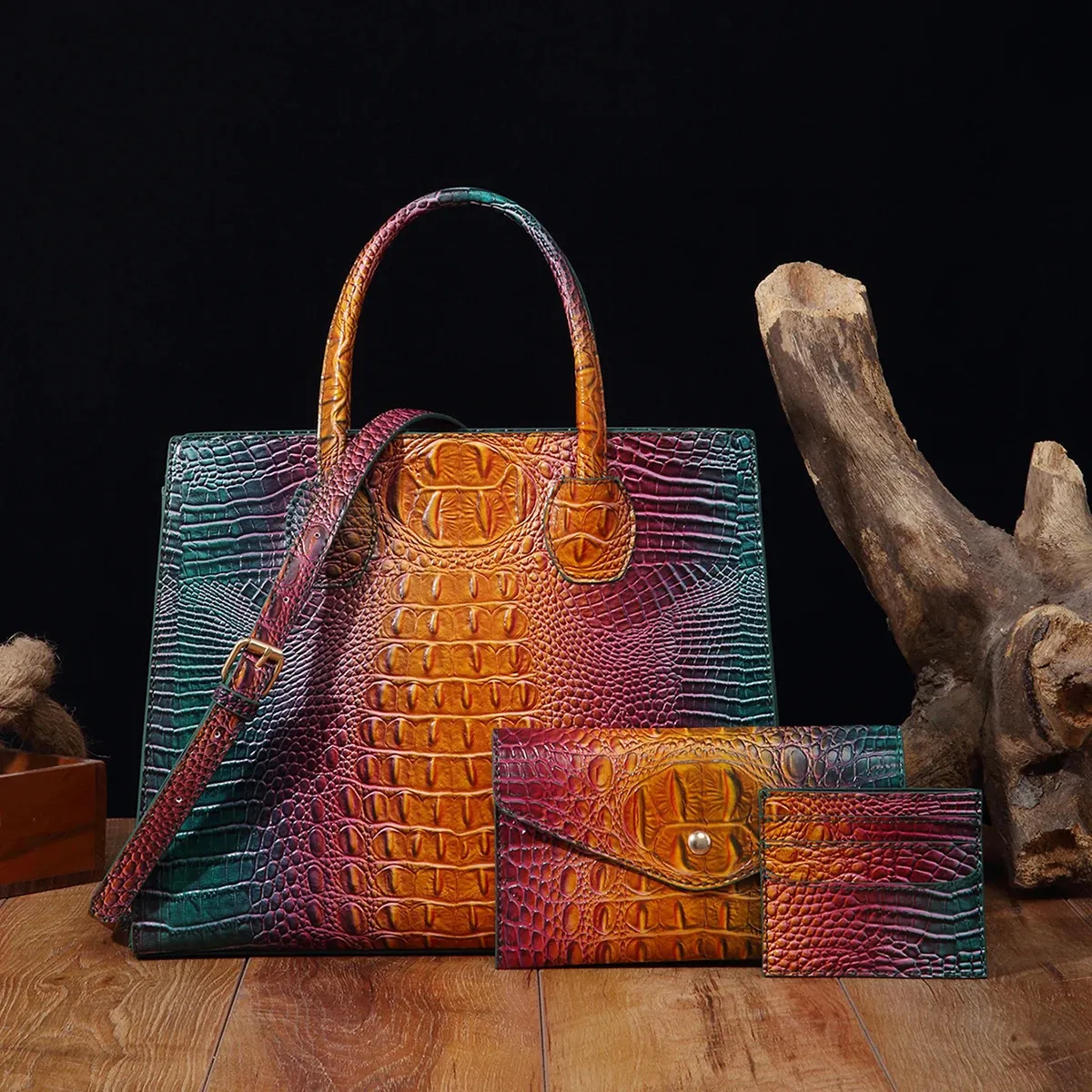 3-teiliges Muster-Handtaschen-Geldbörsen-Set, multifunktionaler Vintage-Umhängetaschen-Business-Clutch-Tasche mit Kartenhalter, Coi 240924_voghion.com