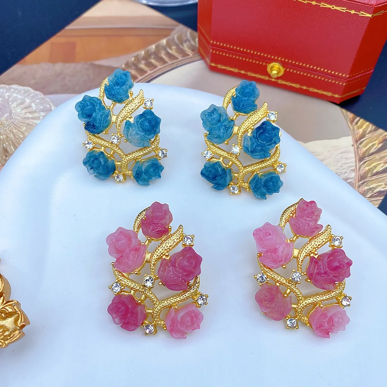 Collier en verre clair dégradé de fleurs de cerisier roses, boucles d'oreilles roses, broche, corsage, bijoux de style européen et américain_voghion.com
