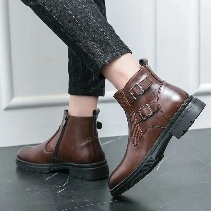 Classic Leather Business Ankle Boots For Men With Double Buckle_voghion.com