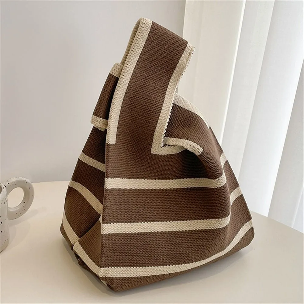 1PC Frauen Mini Handtasche Handarbeit Strickknoten Handgelenk Japanische Farbe Breite Streifen Plaid Einkaufstasche Student Wiederverwendbare Einkaufstaschen_voghion.com