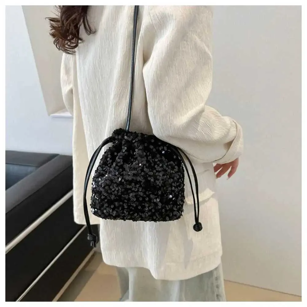 Borsa a tracolla con paillettes versatile alla moda, semplice e alla moda, piccola borsa a mano con coulisse, borsa a secchiello da festa_voghion.com