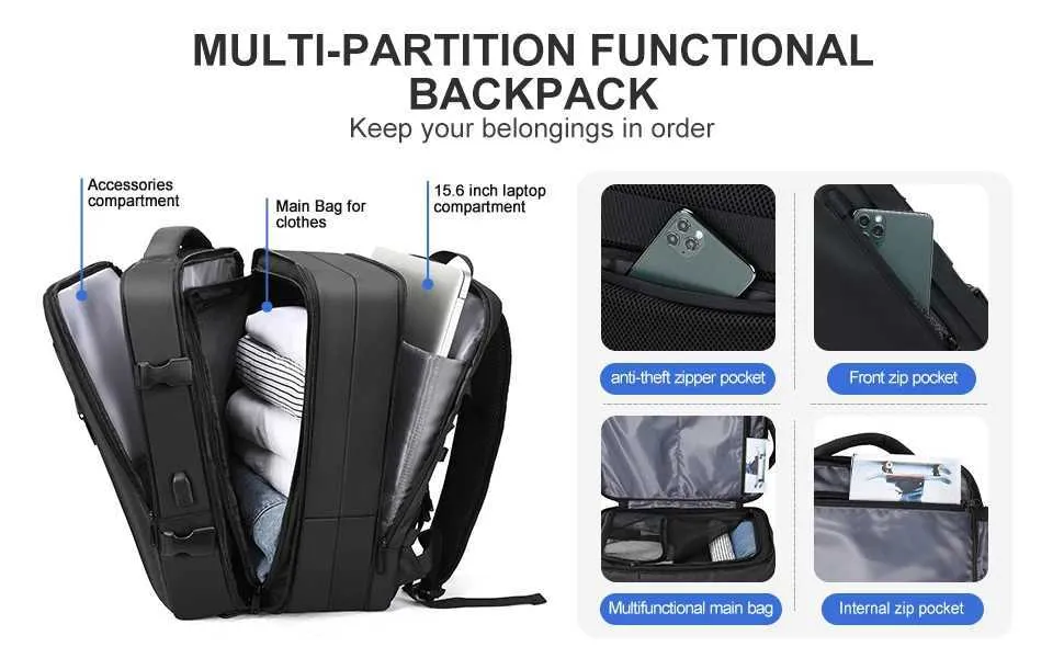 Sac à dos de voyage minimaliste pour homme, grand et extensible, pour ordinateur portable de 17 pouces, antivol, avec chargeur USB 241107_voghion.com