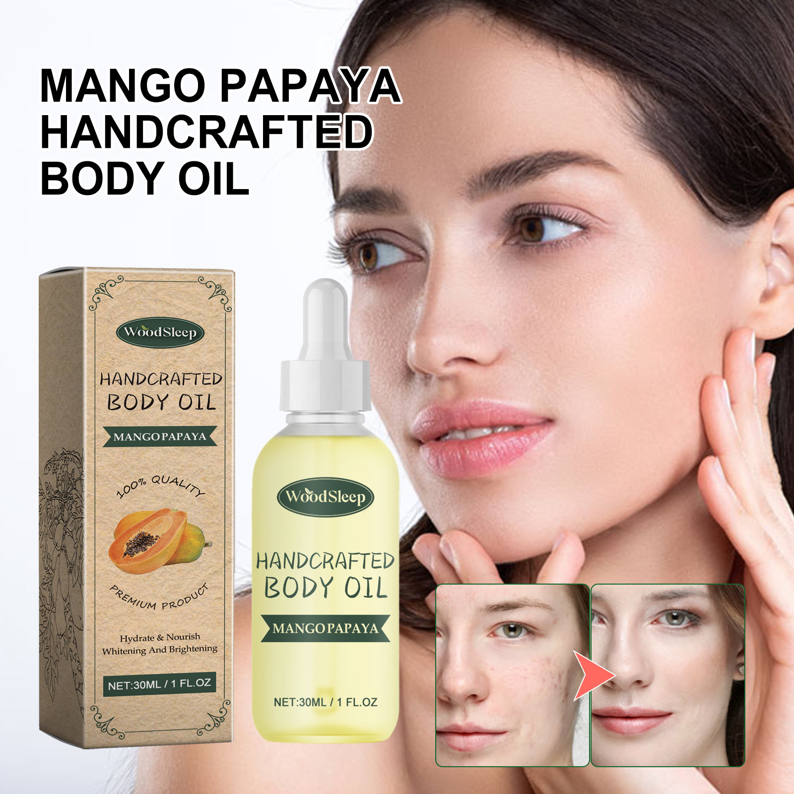 WOODSLEEP Papaya Rengörande & Uppljusande Vård Eterisk Olja Reparerande Akne Hud Rengörande & Återfuktande & Föryngrande Essens_voghion.com