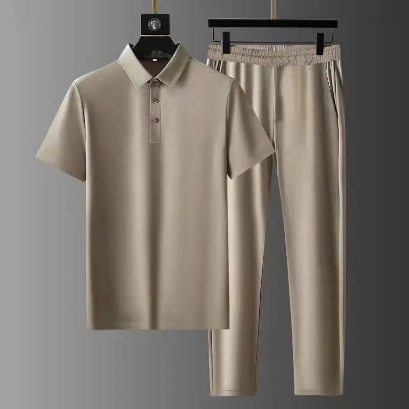 Men's Clothing Polo Collar Suit Elastic Ultra Thin Quick Drying Ice Silk Short Sleeved Two Piece Suit High End Men's Lapel Suit