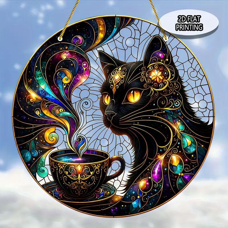 8x8in Black Cat Suncatcher - Colorful Acrylic Window & Wall Decor For Home, Garden & Wreaths_voghion.com