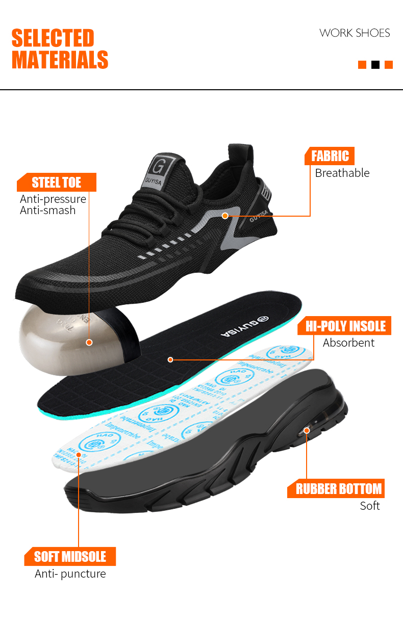 GUYISA Safety Shoes Kasut Kerja Lelaki  Steel Toe Work Shoes Anti-smash CN39-46 1101BK_voghion.com