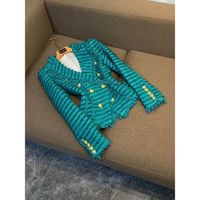 Kvinders mode tweed slim jakkesæt temperament jakkesæt grøn_voghion.com