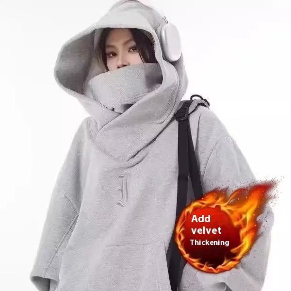 High Street Vibe Amerikansk vinterfunktionell tröja för män, sammet, förtjockad, trendig märkesjacka med överdimensionerad stor hatt_voghion.com