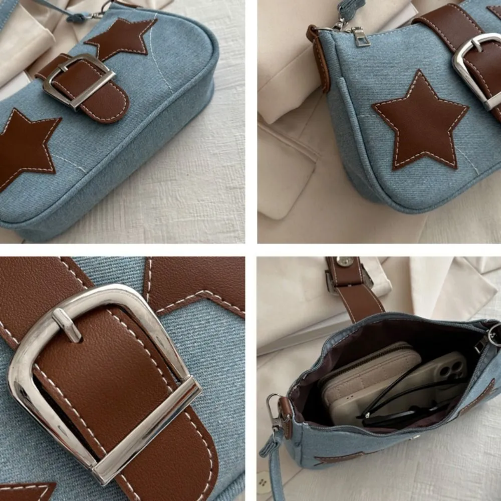 Borsa a tracolla minimalista con cerniera a forma di stella in PU Haruku Y2k, stile coreano, in denim, per ragazze_voghion.com
