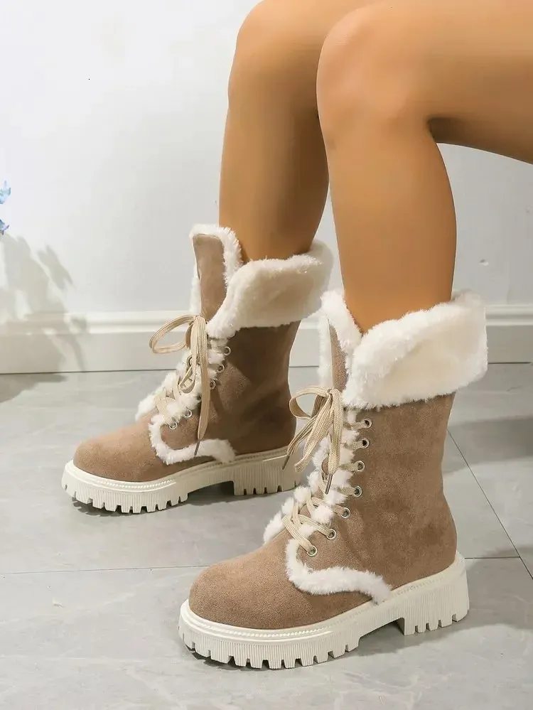 Thick Plush Winter Artificial Fur Platform Ankle For Womens Mid-range Lace Snow Boots And Thick Cotton Shoes 241022_voghion.com