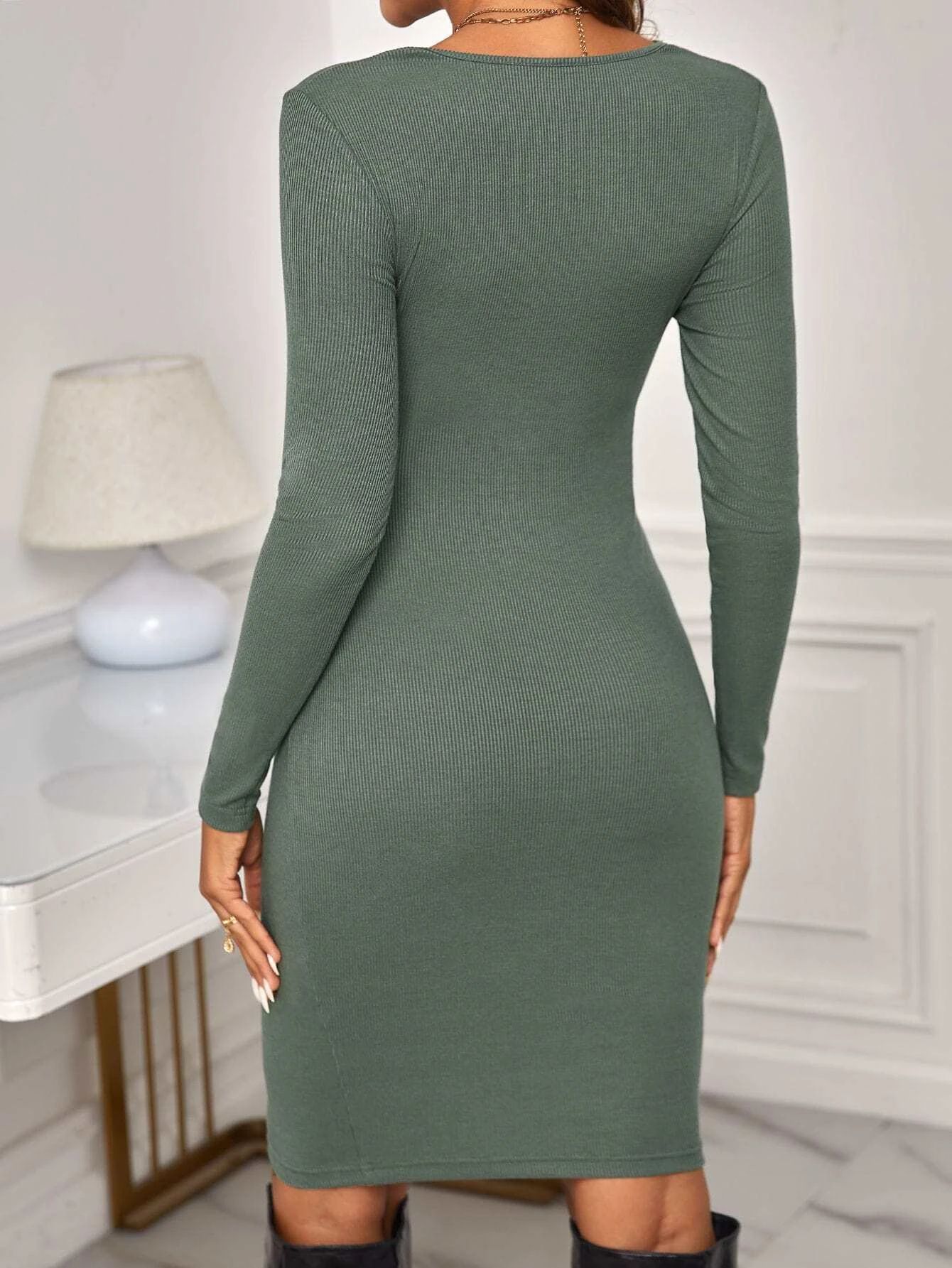 Robe tricotée à manches longues et col rond, tenue de maternité courte de couleur unie, ajustée_voghion.com