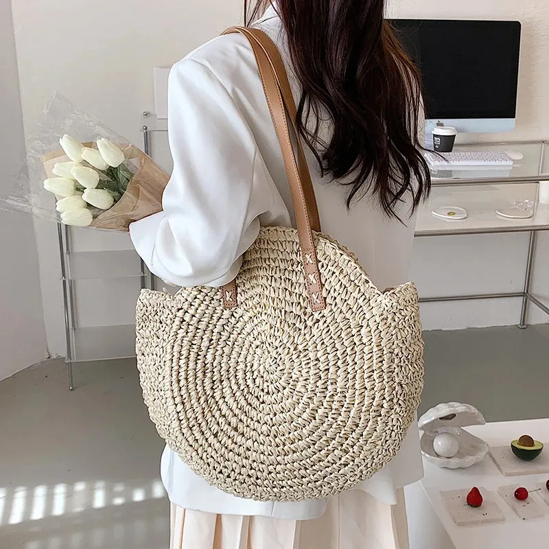 Damen Stroh Schultertasche Für Den Strand Große Handtasche_voghion.com