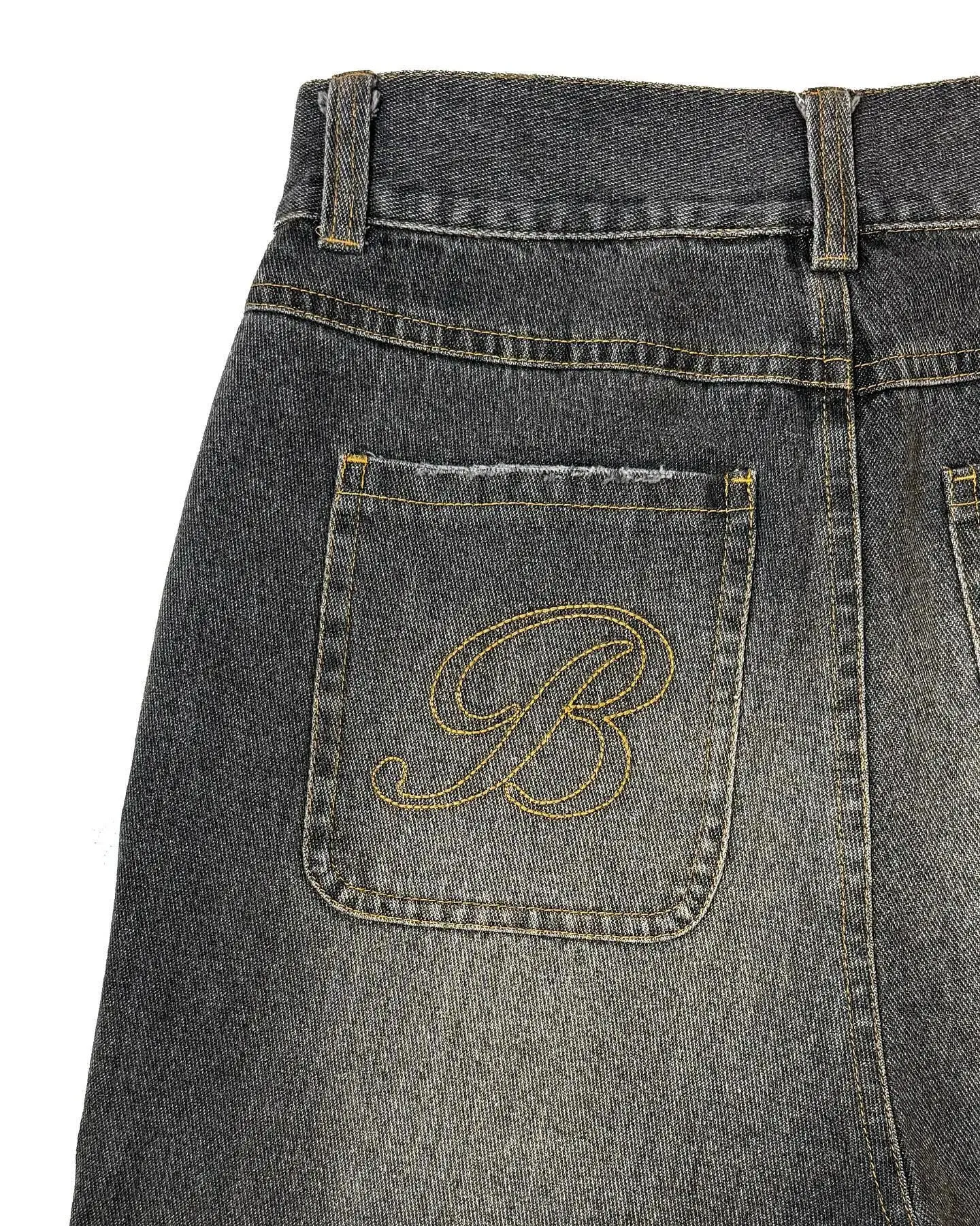 Heren Zwart Blauw Gewassen Denim Y2k Retro Letter Patchwork Zomer Mode Zand Shorts Casual Gesplitste Jorts Gym Sweatpants_voghion.com