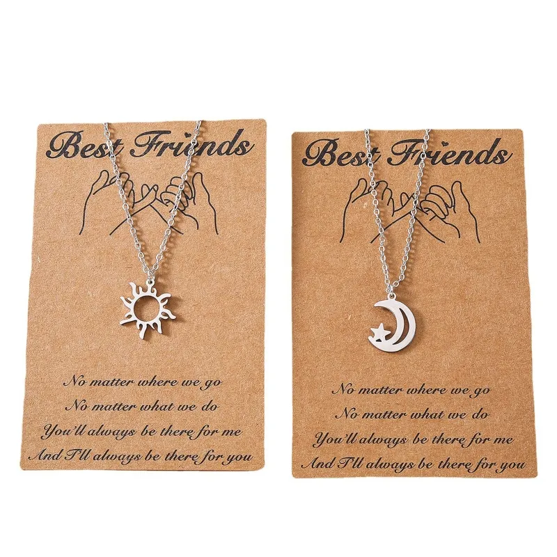 Collane con ciondolo 2 pezzi alla moda in acciaio inossidabile per sole e luna con collana elegante in cartone per donne e ragazze_voghion.com