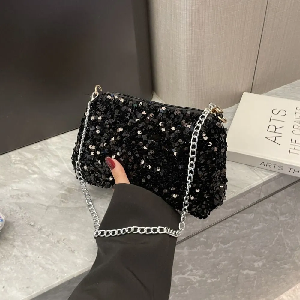 Borsa a tracolla con catena, tinta unita, stile coreano, con paillettes, per telefono, da sera, per cena e feste_voghion.com