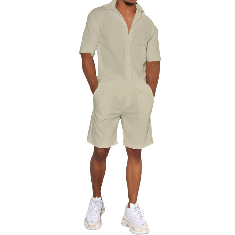 Abbigliamento maschile 2024 estate pantaloncini a maniche corte quattro lati elasticizzati abito sottile bavero ampio tinta unita abito da uomo_voghion.com
