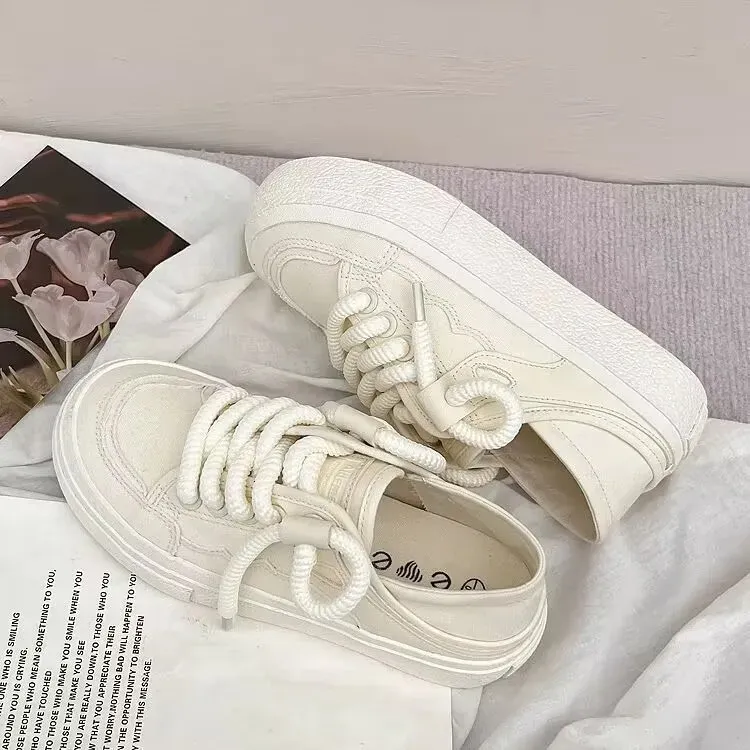 Vulcanized Canvas Sneakers For Women White Lace-up Flat Trainers_voghion.com