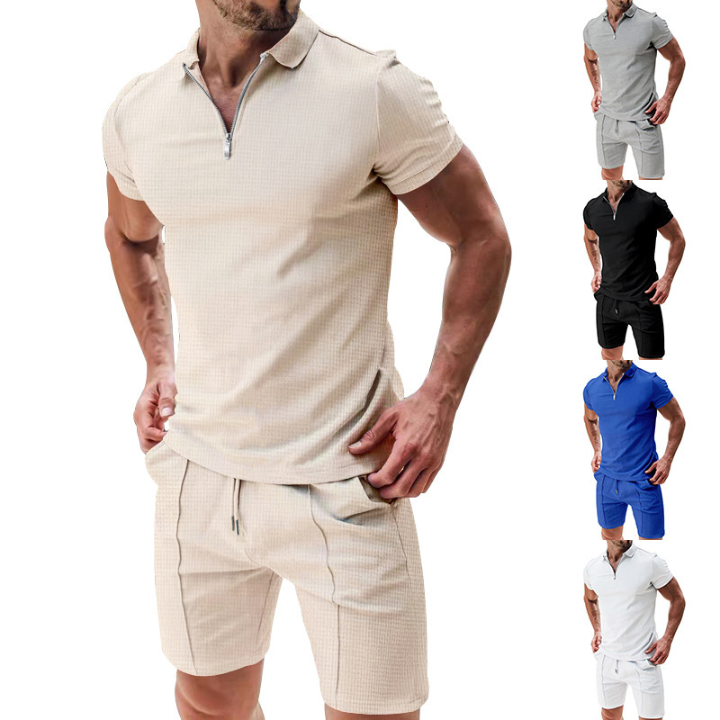 Herren Polo Shirt Set Kurzarm Sommer Freizeit Outfit Waffeloptik_voghion.com