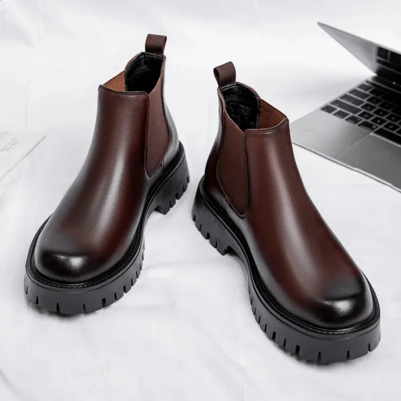 Herren-Arbeitsschuhe im britischen Stil mit dicker Unterseite, wasserdicht, lässige Mode, klassische, bequeme Lederstiefel mit hoher Spitze und runder Zehenpartie_voghion.com