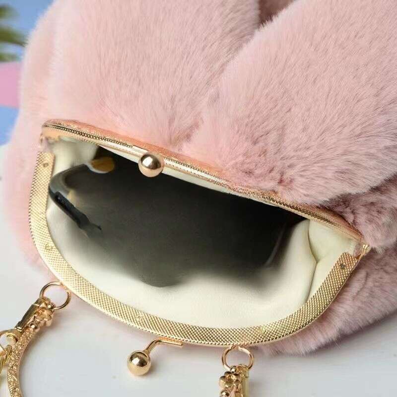 Plüsch Damen Kette Handy Multifunktionale Mode Kleine Runde Tasche Mit Hasenohren_voghion.com