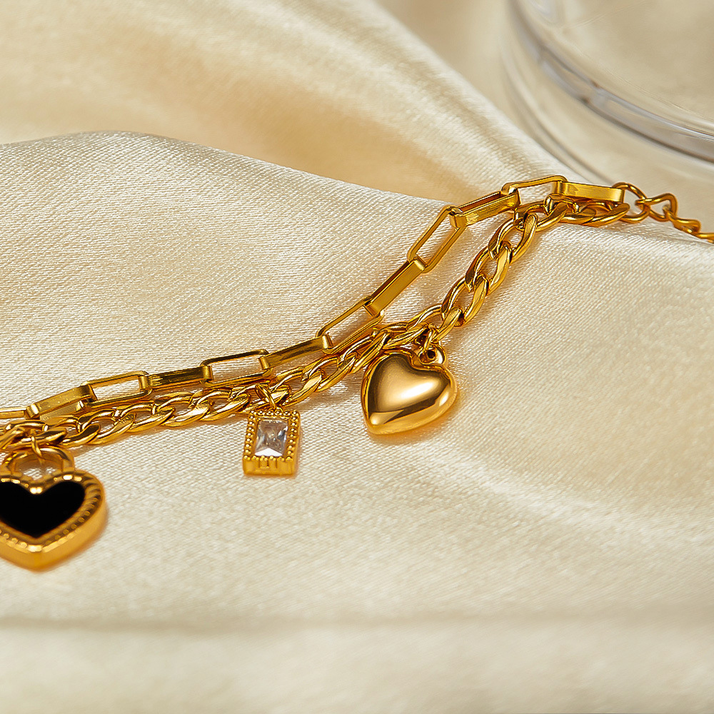 Double Layers Loving Heart Mother Shell Twin Chain Stainless Steel Bracelet_voghion.com