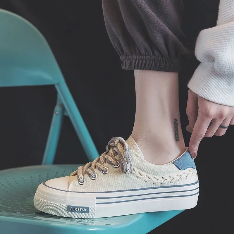 Thick Soled Round Toe Dissoed Sole Canvas Wheat Ear Slack Casual Fashion Comfortable Breathable Board Shoes_voghion.com