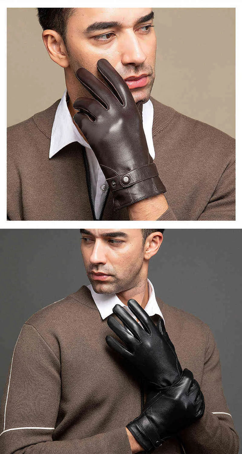 Gants de moto en cuir de mouton pour hommes d'affaires d'automne et d'hiver avec écran tactile et doigts complets, noirs, NR196 211224_voghion.com