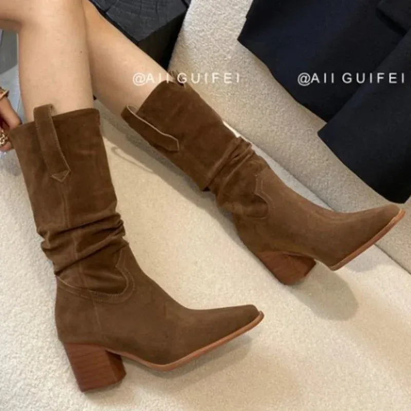 Women's Suede Cowboy Boots With Side Zipper And Pointed Toe_voghion.com
