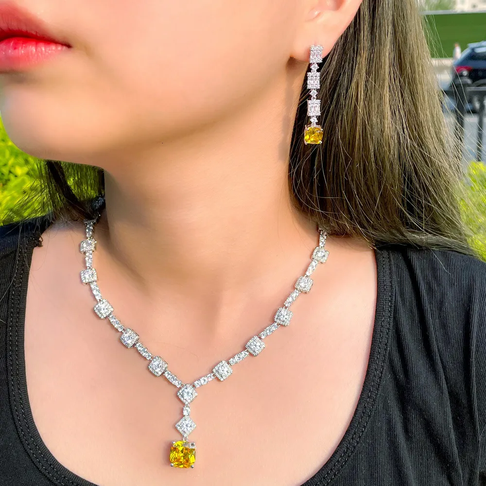 ThreeGraces Elegant Gul CZ Krystal Sier Farve Store Firkantede Dråbeøreringe Halskæde Bryllupsfest Smykkesæt til Kvinder_voghion.com