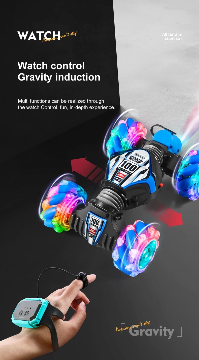 Coche acrobático Top Stunt Car 2.4G con control remoto, reloj RC con sensor de gestos, rotación LED, regalo electrónico para niños._voghion.com