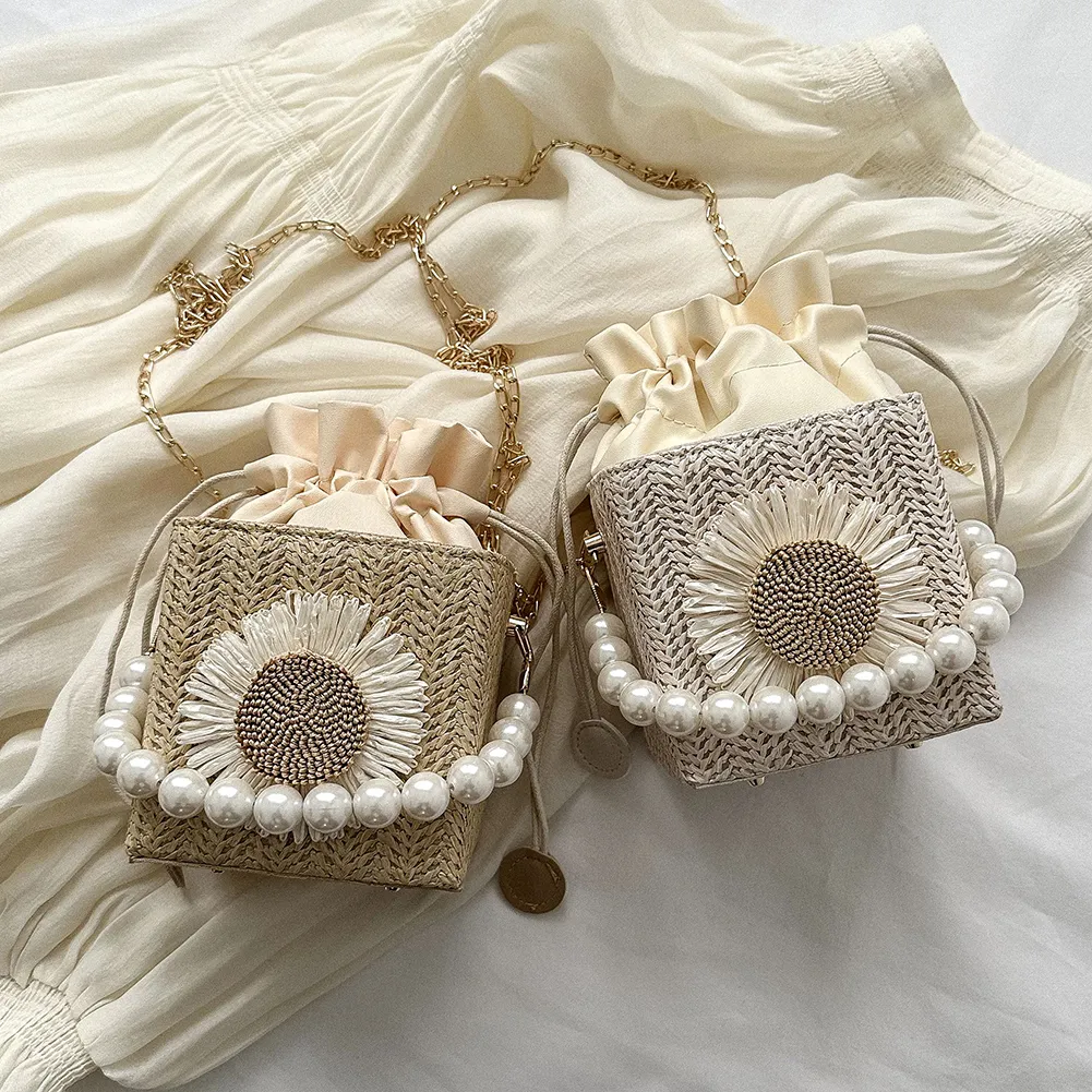 Borsa a tracolla quadrata da donna, leggera e traspirante, in paglia e perle, per viaggi di piacere e vacanze, con girasole_voghion.com