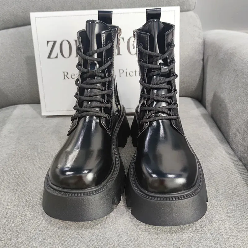 Patent Leather Platform Ankle Boots For Women Motorcycle Style_voghion.com