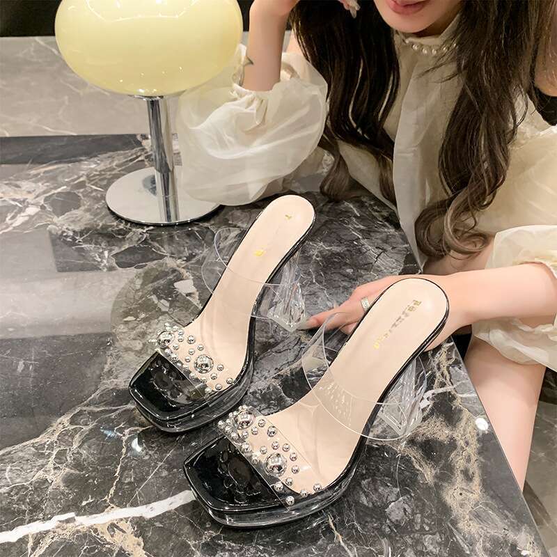 2025 Summer New Pearl Transparent Belt Round Head Waterproof Platform Super High Heel Casual Fashion Sandals_voghion.com
